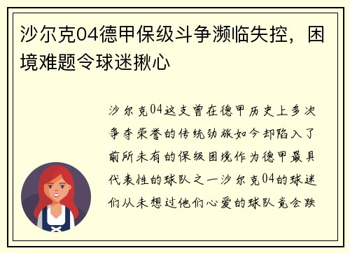 沙尔克04德甲保级斗争濒临失控，困境难题令球迷揪心