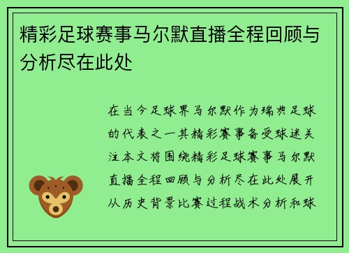 精彩足球赛事马尔默直播全程回顾与分析尽在此处